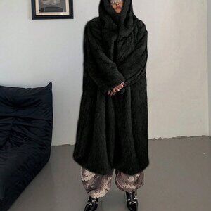 Black Preppy Women's Plus Size Long Sleeve Hooded Fluffy Coat